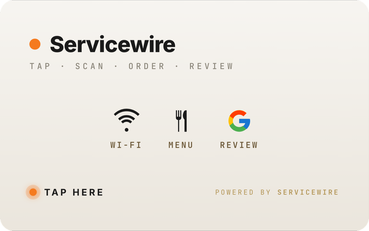 The ServiceWire NFC card — tap for Wi-Fi, menu and Google reviews